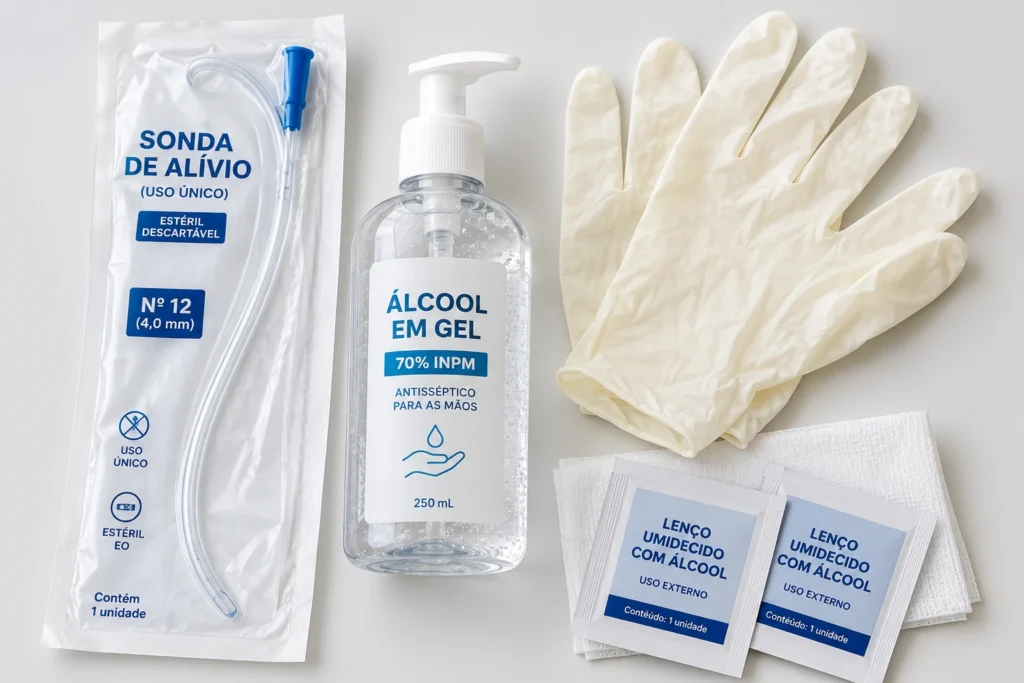 Sonda de alívio e itens de higiene usados na rotina de cateterismo