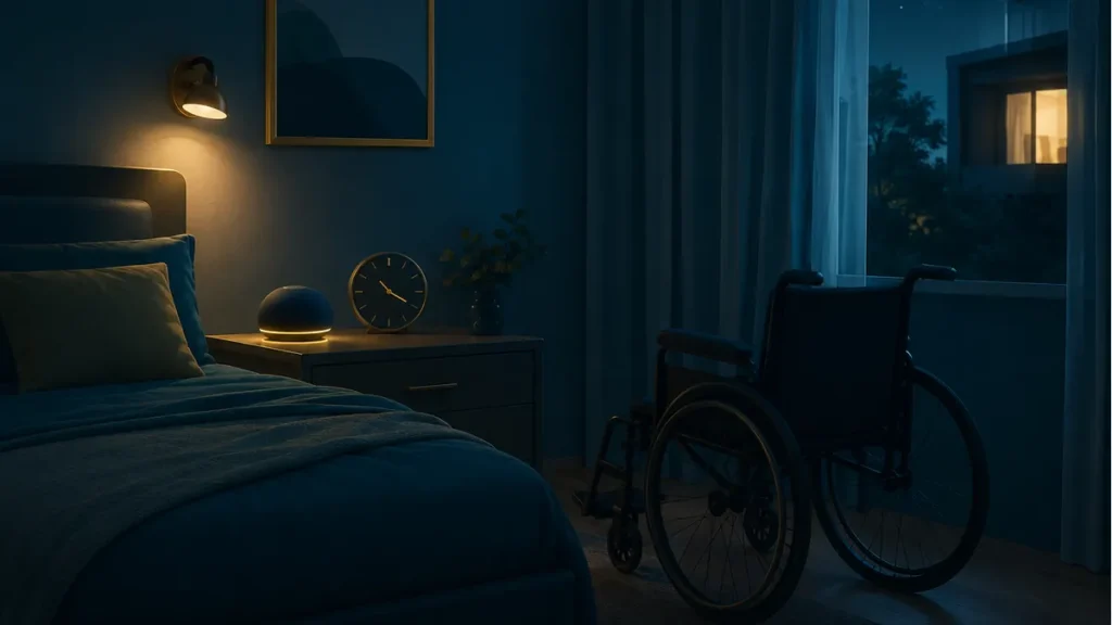 Quarto acessível durante a madrugada representando a dependência de ajuda para o cateterismo