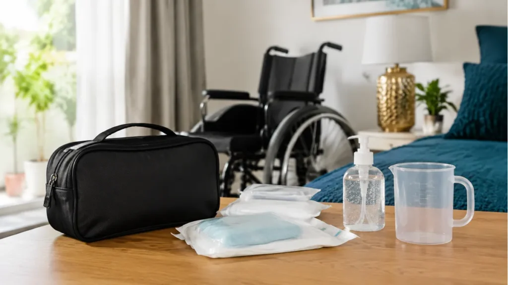 Materiais organizados para a rotina de cateterismo intermitente em casa