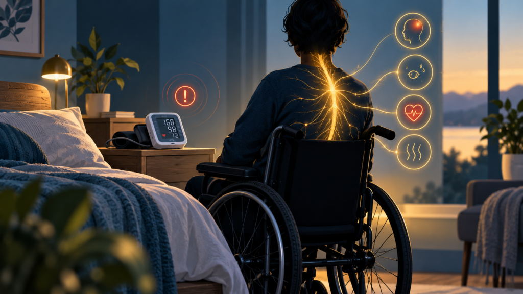 Ilustração sobre disreflexia autonômica na tetraplegia com cadeira de rodas e monitor de pressão
