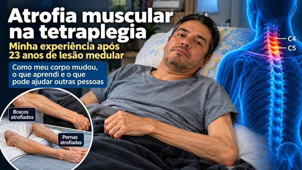 Ilustração sobre atrofia muscular na tetraplegia com cadeira de rodas e representação de braços e pernas