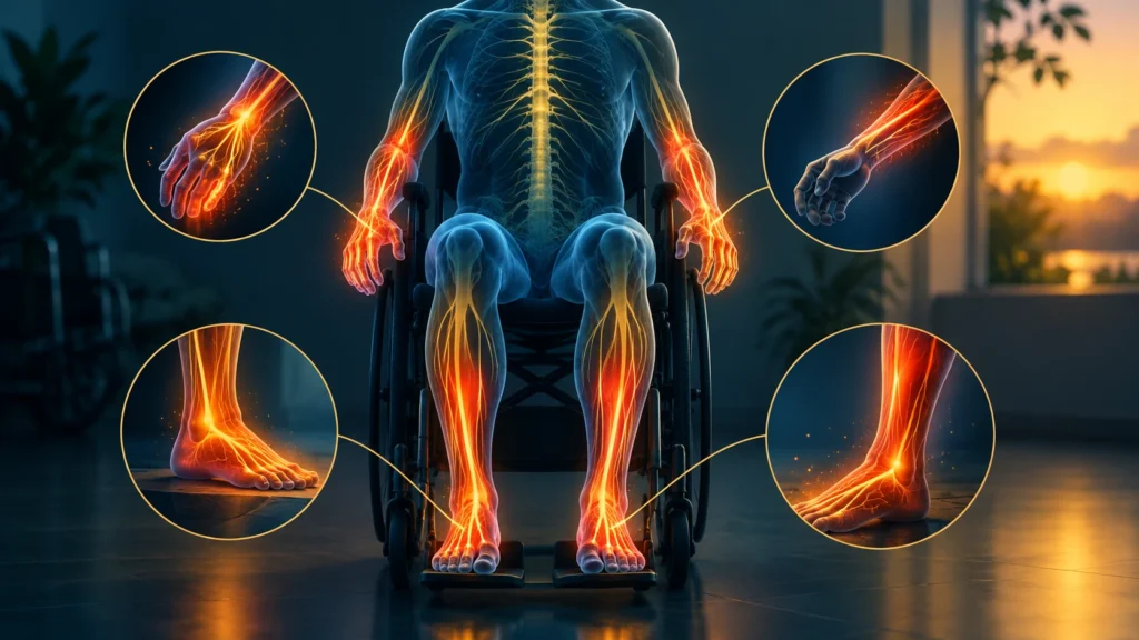 Ilustração sobre dor neuropática na tetraplegia com cadeira de rodas e sinais nervosos em braços e pernas