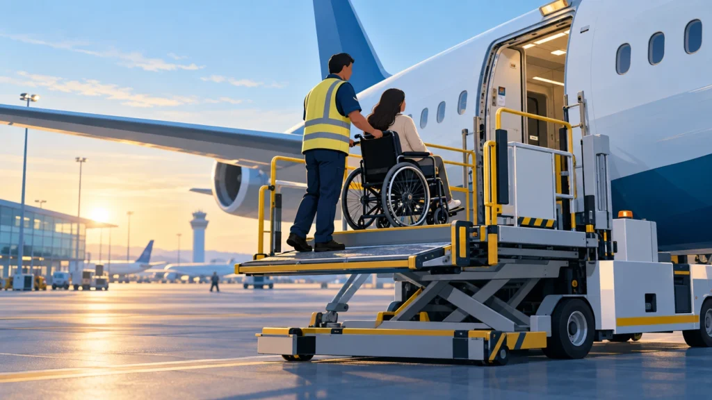 Embarque acessível de passageiro em cadeira de rodas com equipamento de apoio no aeroporto
