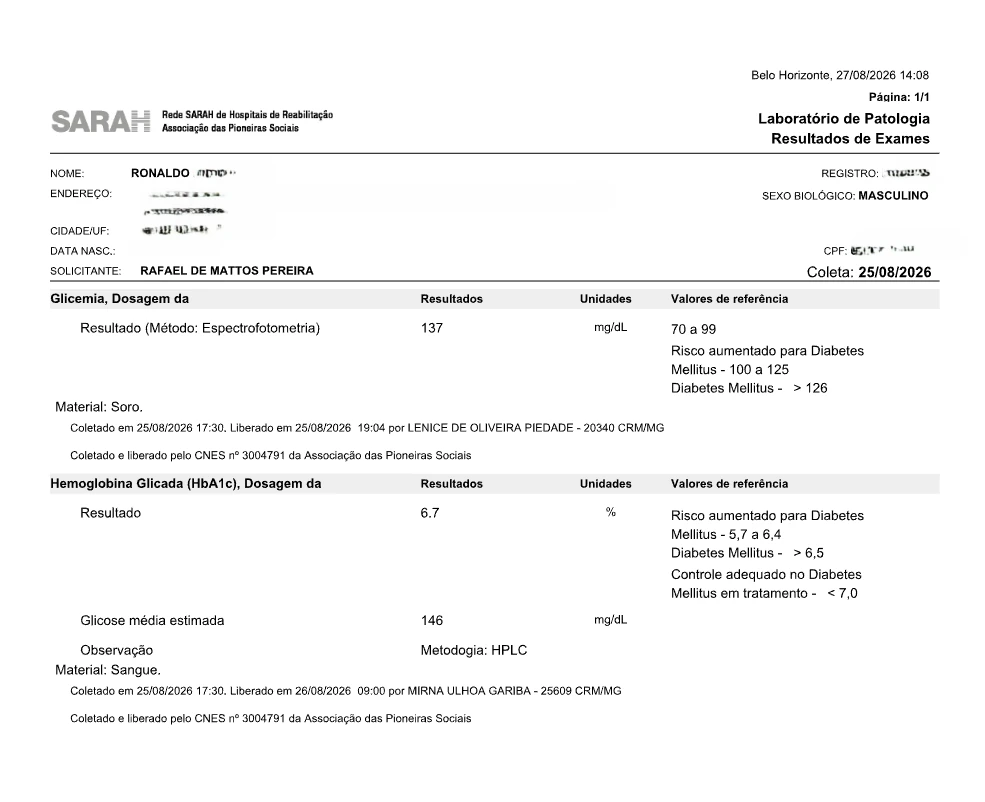 Exame de agosto de 2026 mostrando glicemia de 137 mg/dL e hemoglobina glicada de 6,7%