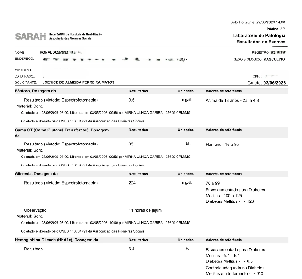 Exame de junho de 2026 mostrando glicemia de 224 mg/dL e hemoglobina glicada de 6,4%