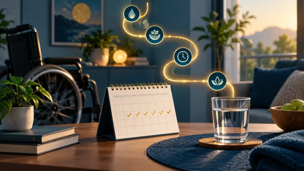 Calendário, copo de água e cadeira de rodas representando a rotina do intestino neurogênico na tetraplegia