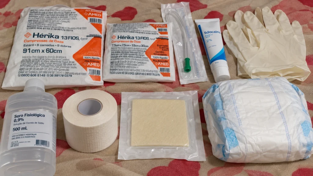 Sonda, gaze, luvas, soro e outros materiais usados nos cuidados diários