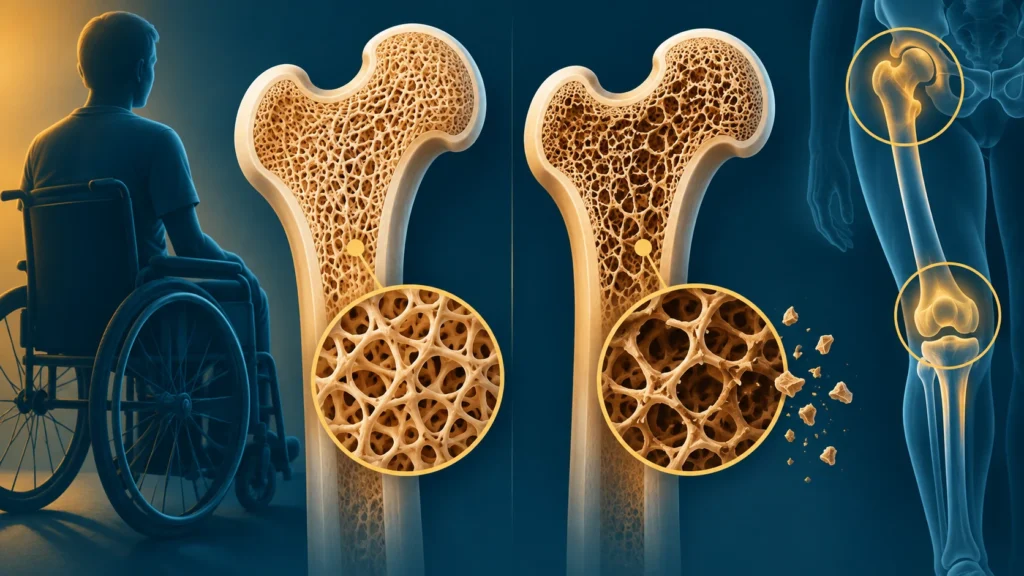 Ilustração comparando estrutura óssea preservada e osso com osteoporose