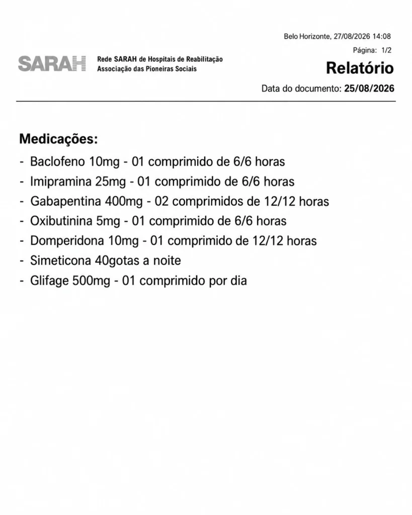Lista de medicamentos registrada em relatório do Hospital SARAH em agosto de 2026