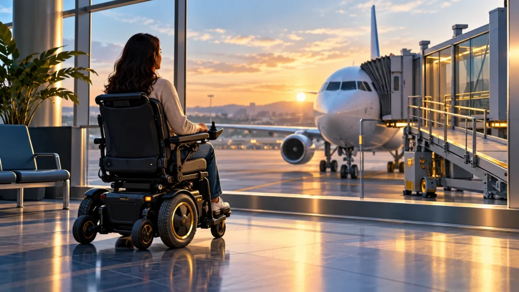 Cadeira de rodas elétrica em aeroporto representando preparação para viajar de avião sendo cadeirante