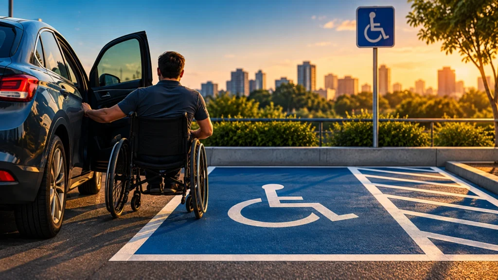 Vaga de estacionamento PCD sinalizada ao lado de um carro em área acessível