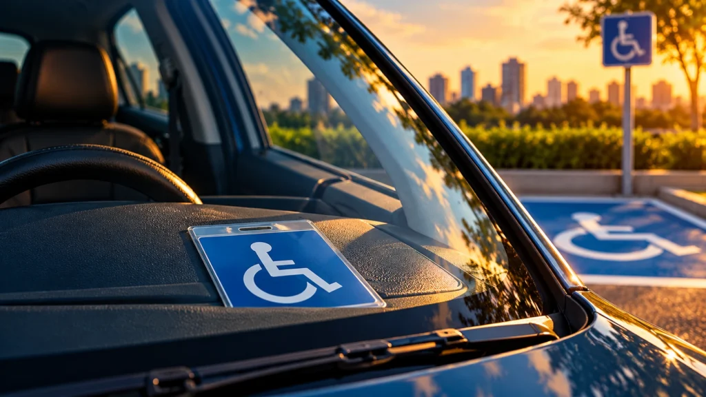 Credencial de estacionamento PCD colocada sobre o painel de um carro
