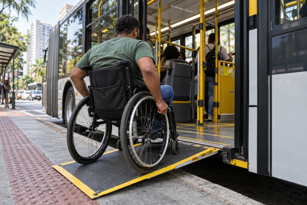 Pessoa em cadeira de rodas utilizando rampa de acesso na porta central de um ônibus