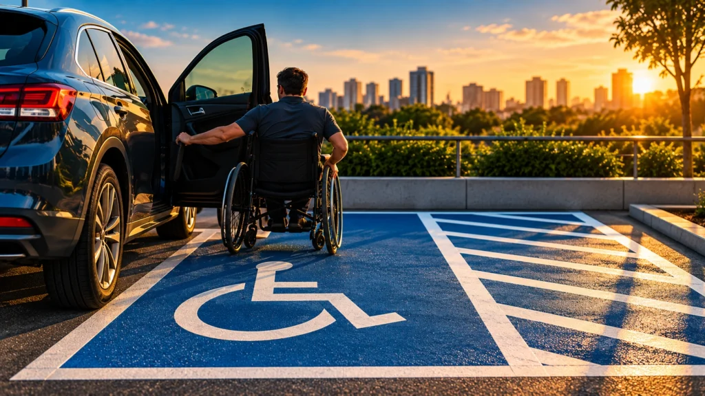Vaga PCD com faixa lateral livre para posicionamento de cadeira de rodas ao lado do carro