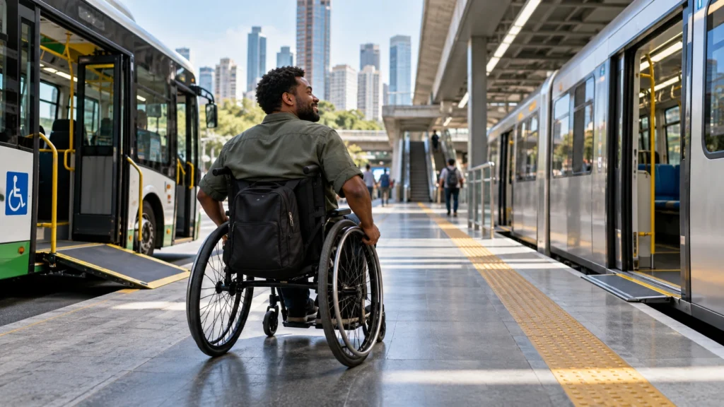 Pessoa em cadeira de rodas entre ônibus e metrô em ambiente de transporte acessível